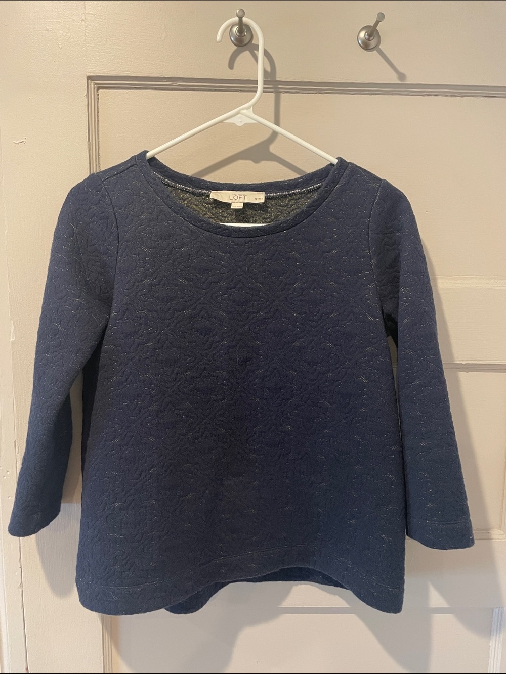 LOFT navy knit sweater with gold shimmer